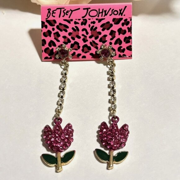 BETSEY JOHNSON Rhinestone Flower Dangle Earrings NWT - Picture 1 of 5